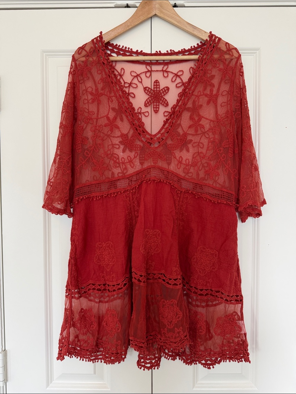 Red Lace Boho Tunic with Floral Embroidery